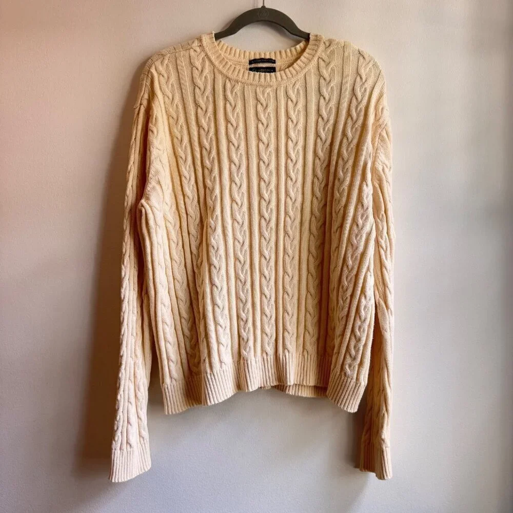 Mens Club Room Cable Knit Sweater Size XL Butter Yellow Cotton Fisherman